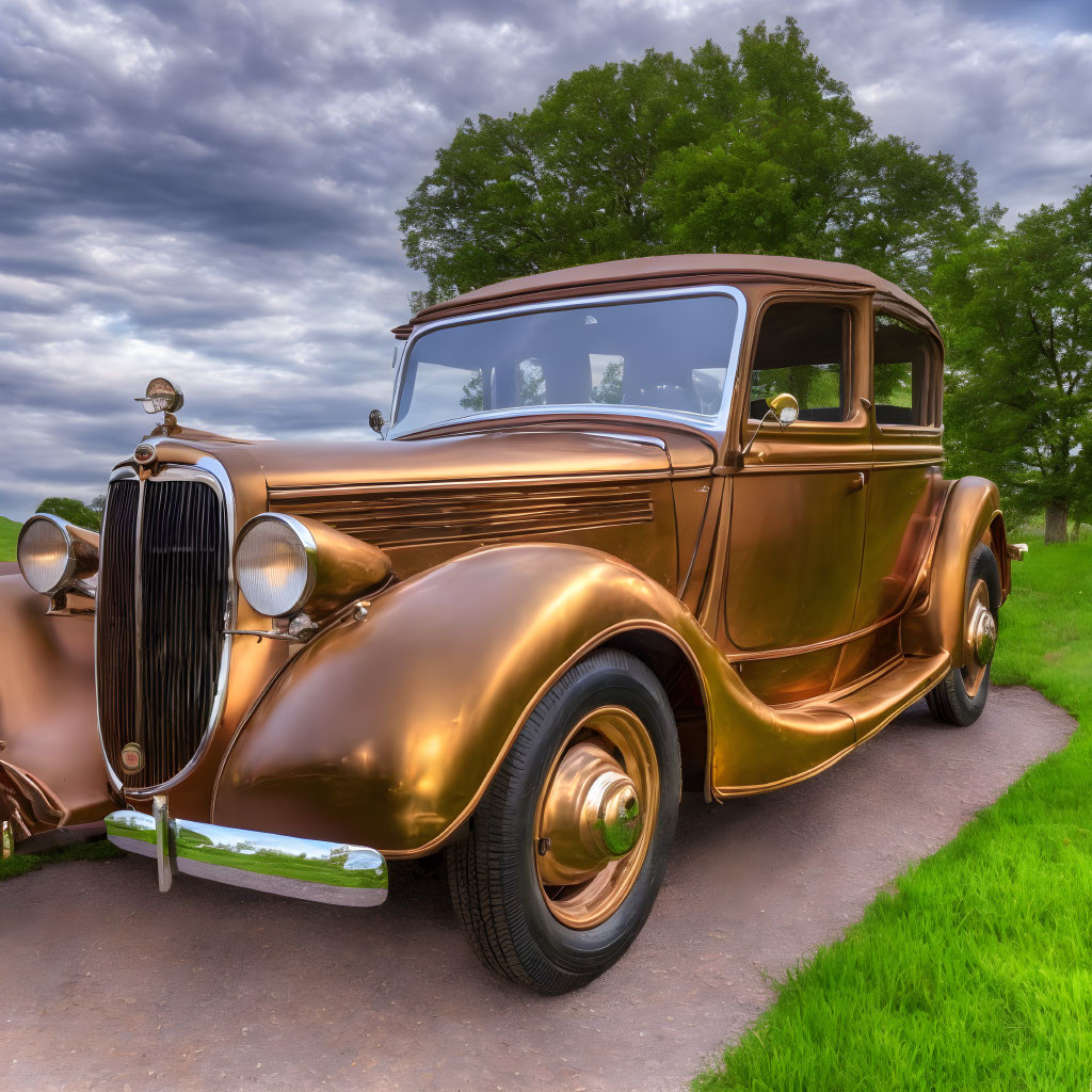 Vintage copper-finished car on grass with trees and cloudy sky