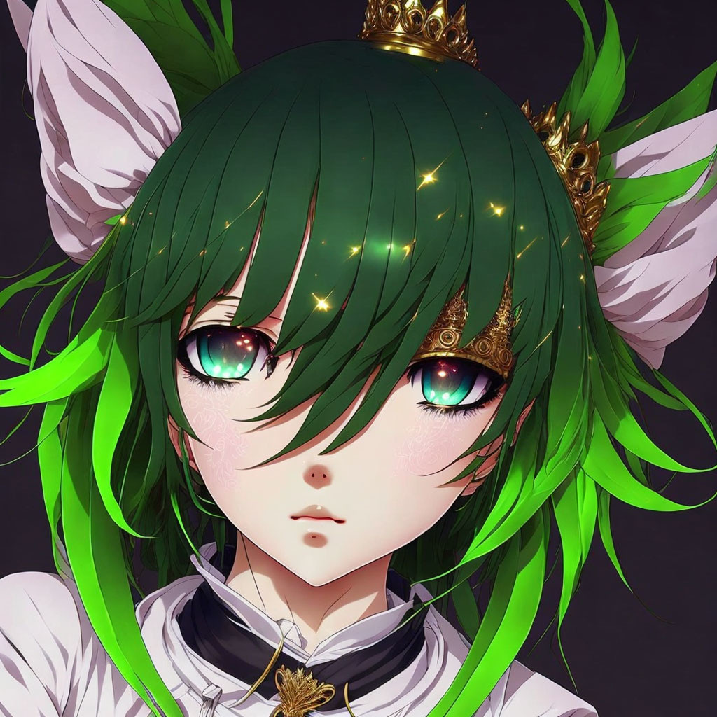 Character with Green Hair, Elf Ears, Gold Crown, and Striking Eyes