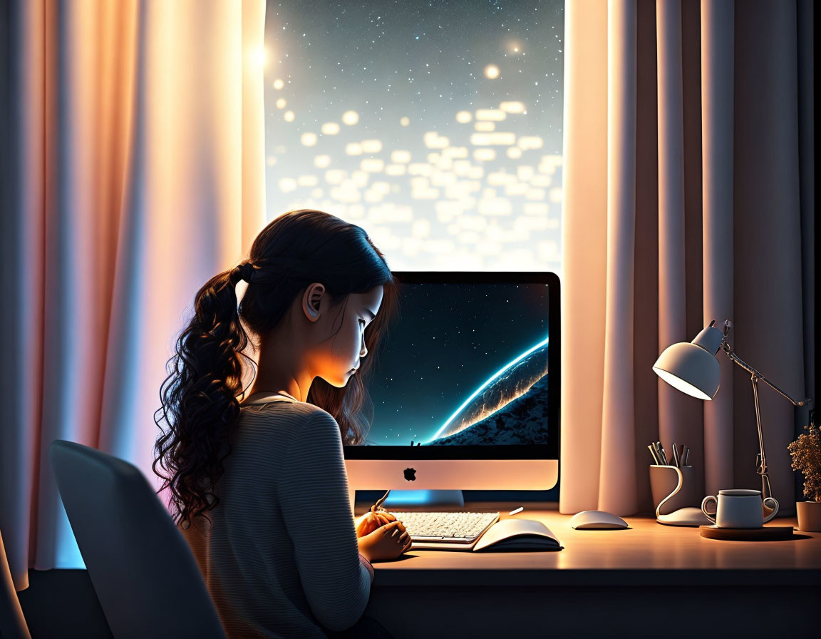 Person working on computer at night under desk lamp with starry sky view.