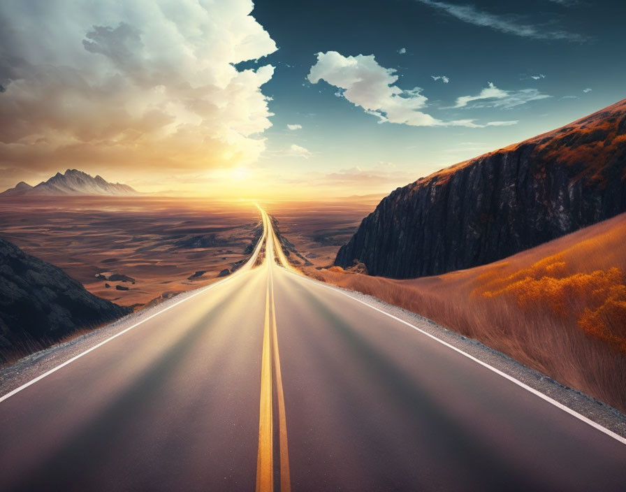 Sunset highway with golden fields and rocky cliff under dramatic sky