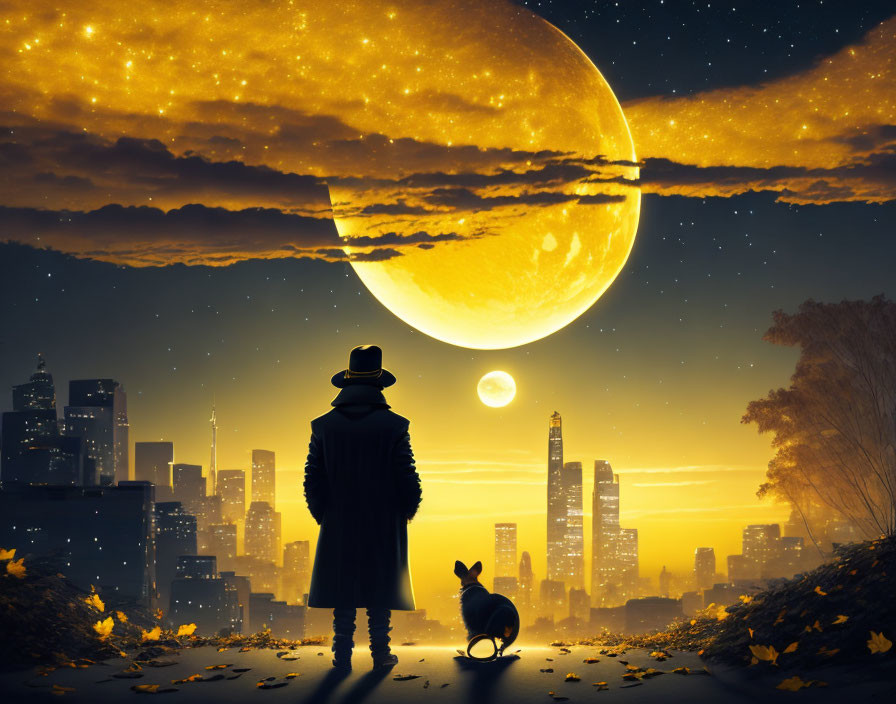 Person in coat and hat with dog in wheelchair under moon and cityscape.