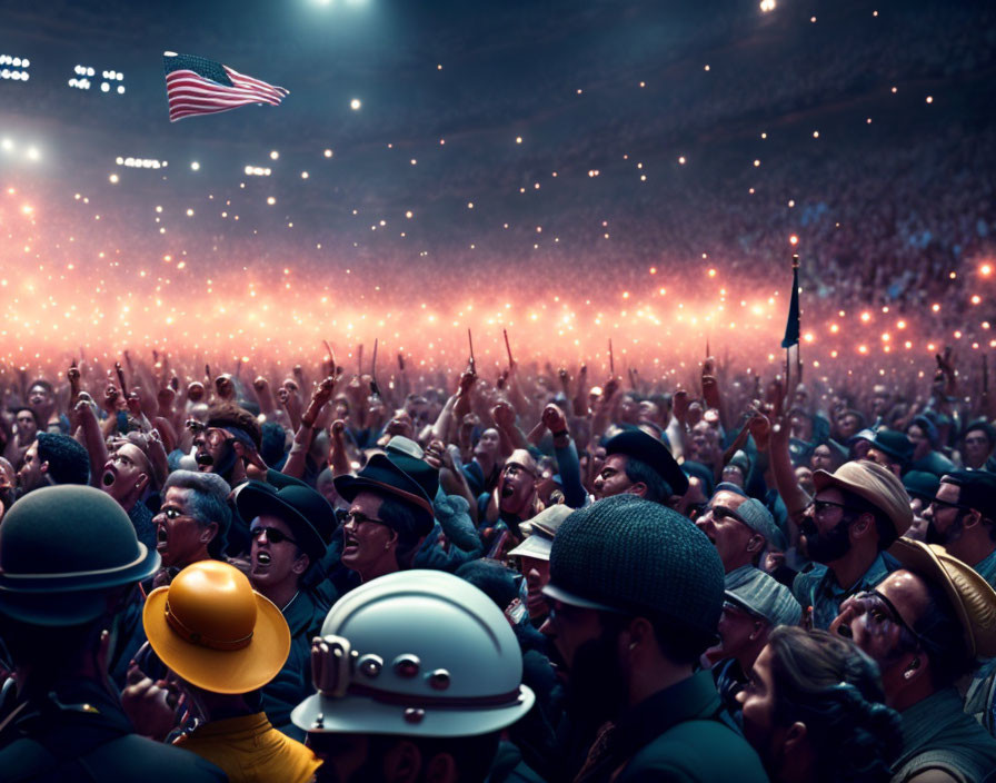 Animated characters cheer in stadium with American flag & moody lighting