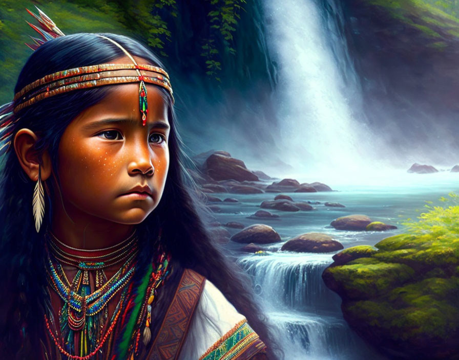 Indigenous girl in traditional attire by lush waterfall landscape