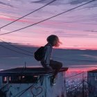 Person sitting on rooftop edge at dusk with pink-hued skies