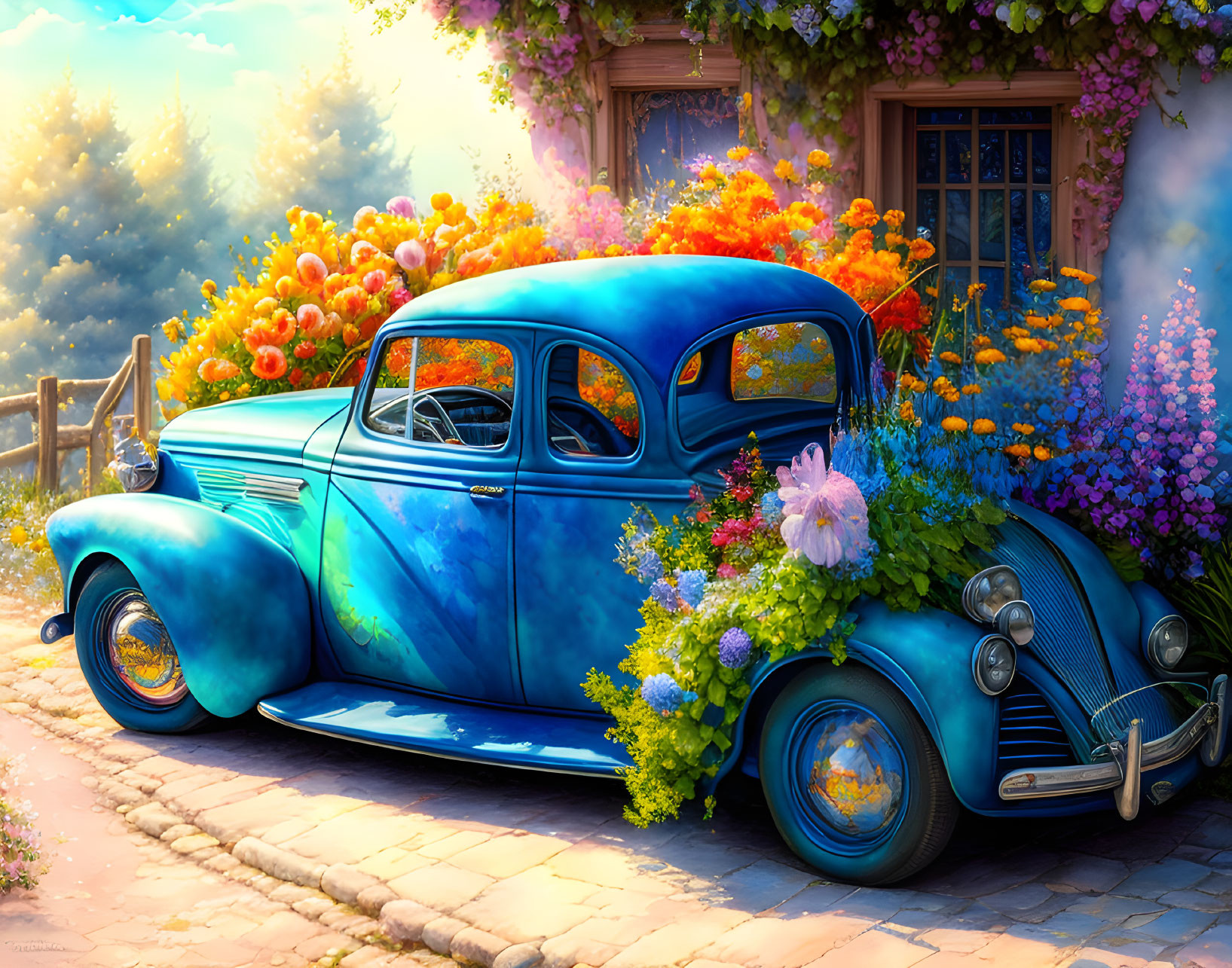 Colorful Flowers Adorned Classic Blue Car Parked by Cobblestone Path