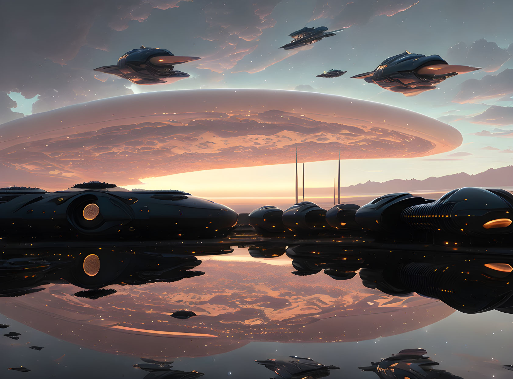 Futuristic vehicles hover over tranquil surface with ringed planet in dusky sky