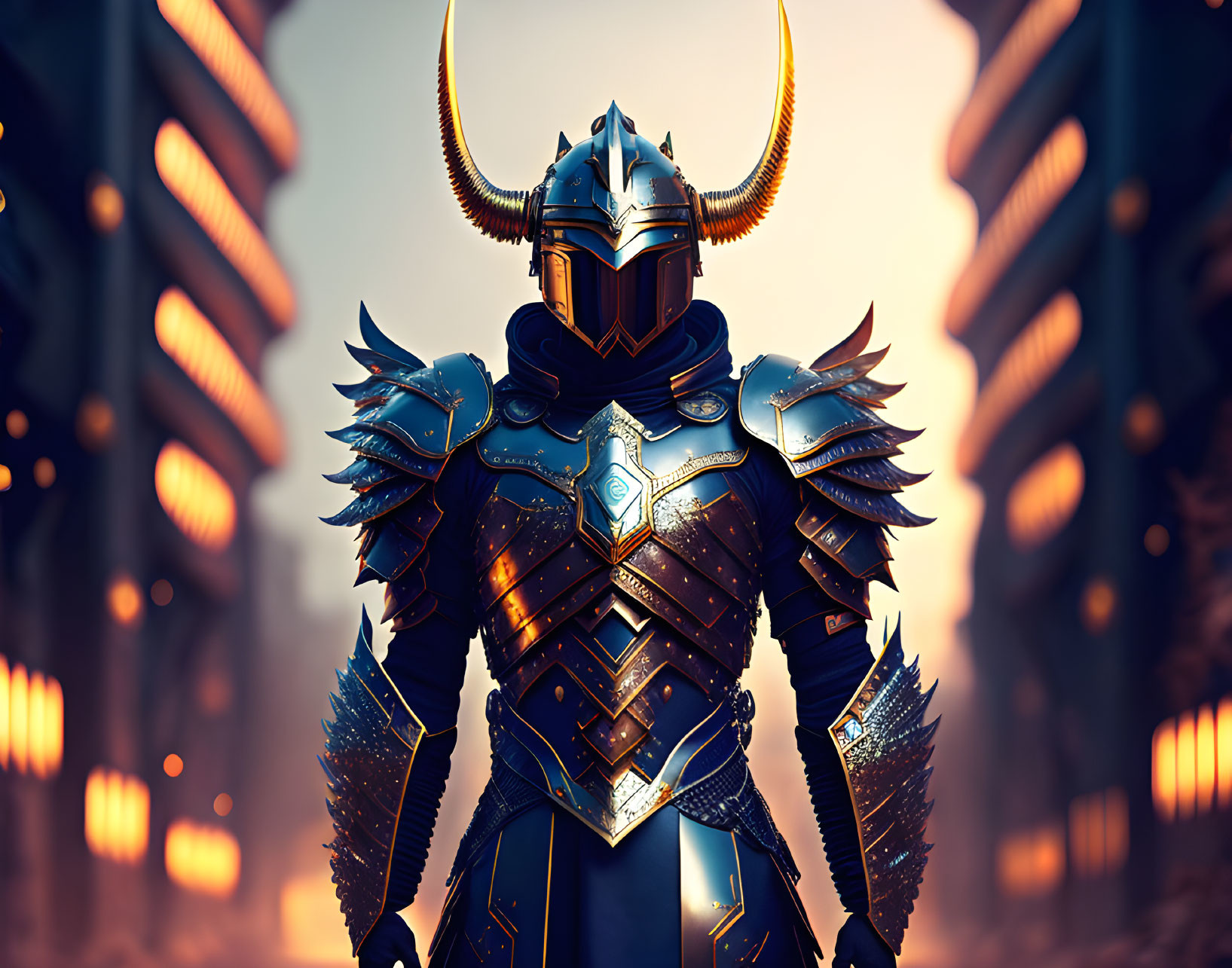 Armored knight with horned helmet in blue and gold armor on fiery industrial backdrop