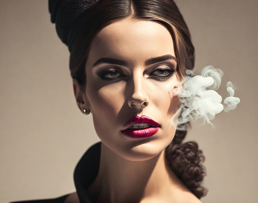 Woman with elegant makeup and red lips exhaling smoke on beige background