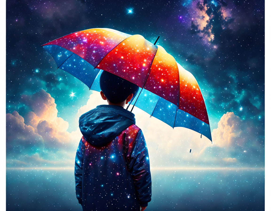 Child with Colorful Umbrella Gazes at Starry Sky in Surreal Scene