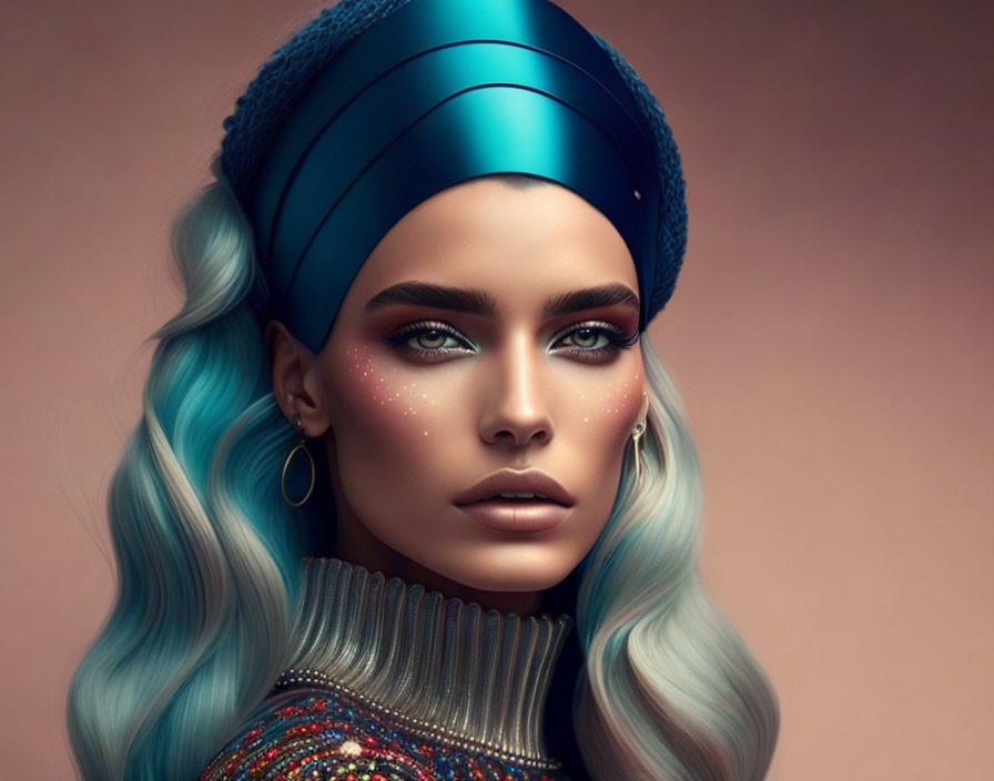 Sparkling freckles, teal hair, blue turban in digital portrait