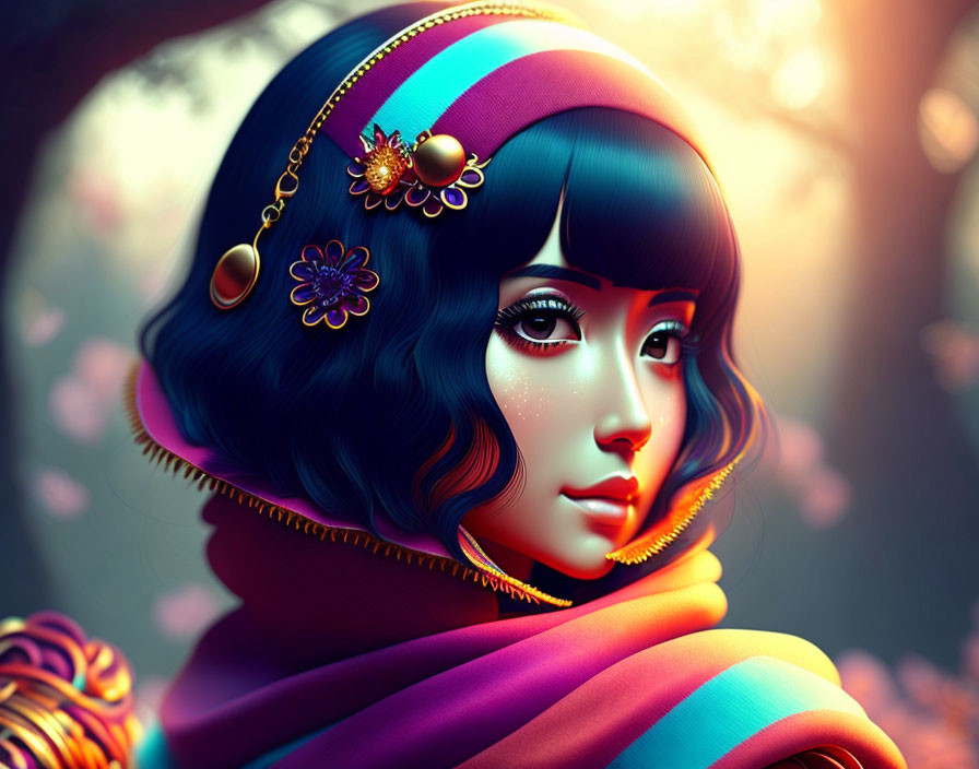 Stylized woman with dark hair and colorful scarf in dreamy setting