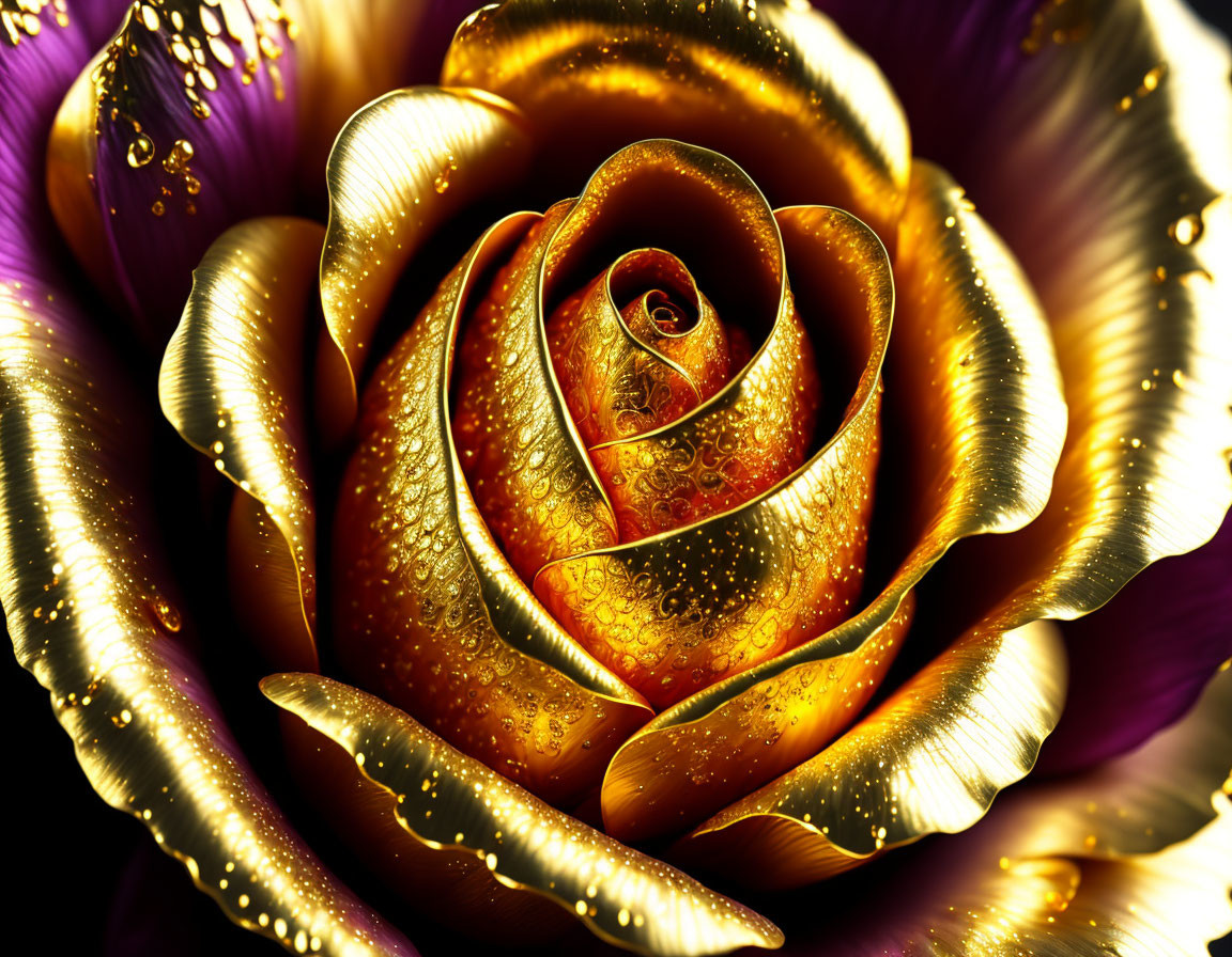 Digitally enhanced golden rose with dewdrops on dark purple background