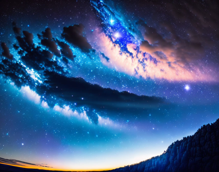 Starry night sky with Milky Way, colorful clouds, rocky silhouette at sunset