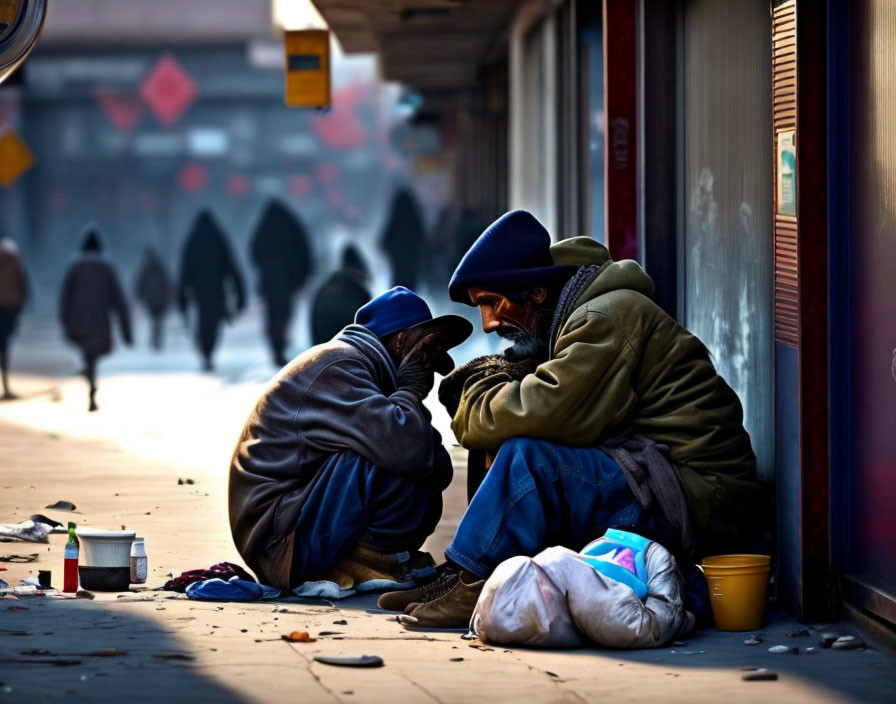 Two individuals sitting on city street surrounded by personal belongings talking.