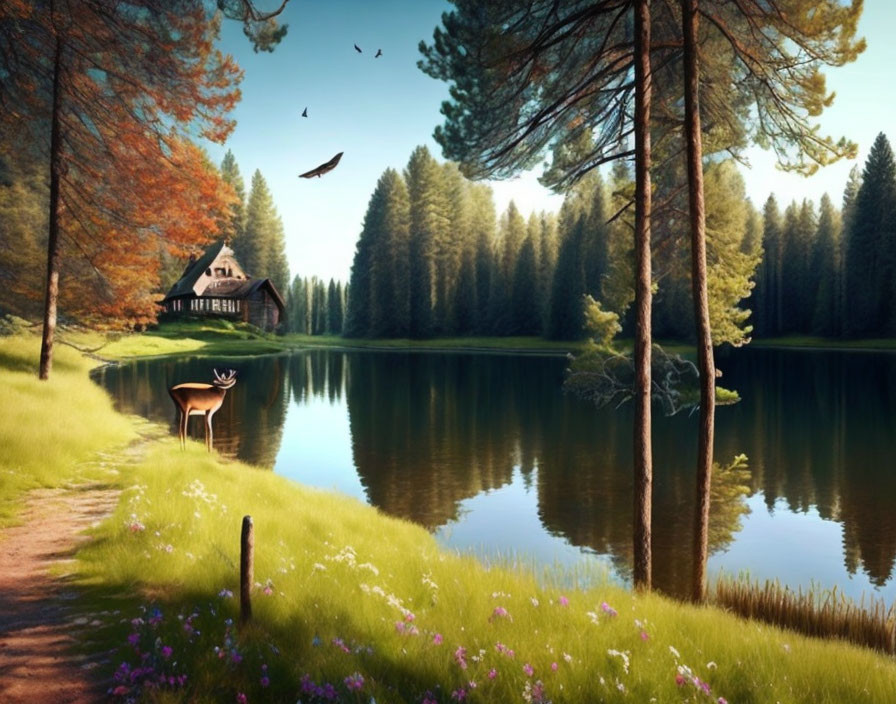 Tranquil lakeside view with deer, cabin, pine trees, birds, and wildflowers