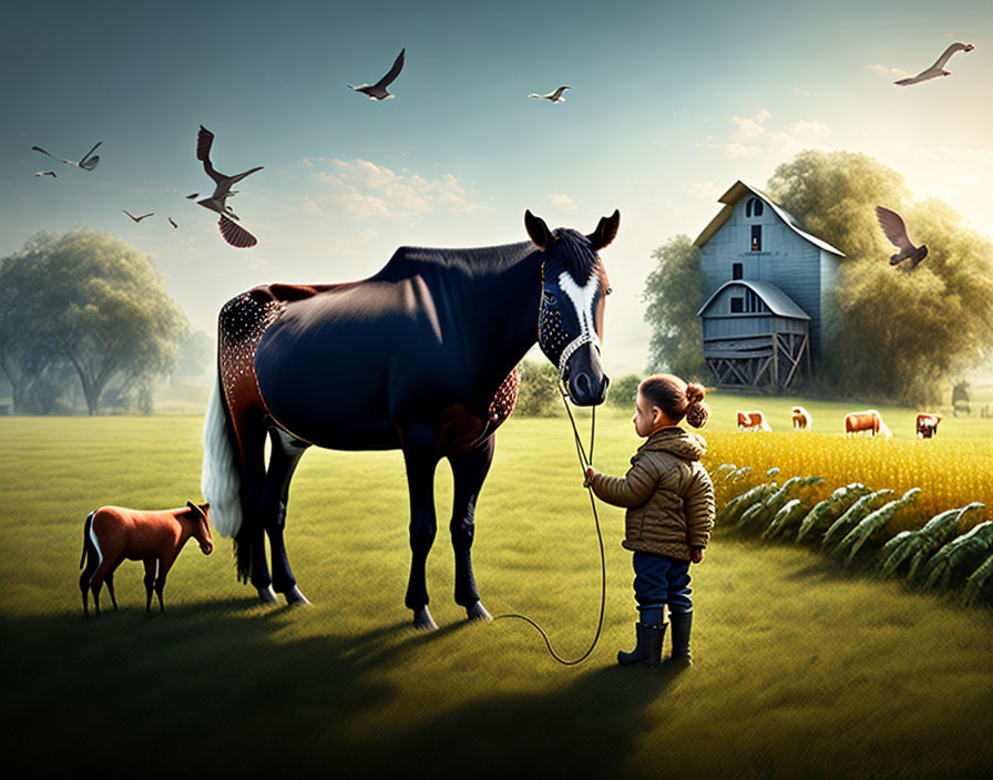 Child holding horse's lead in pastoral scene with dog, cattle, barn, and birds.