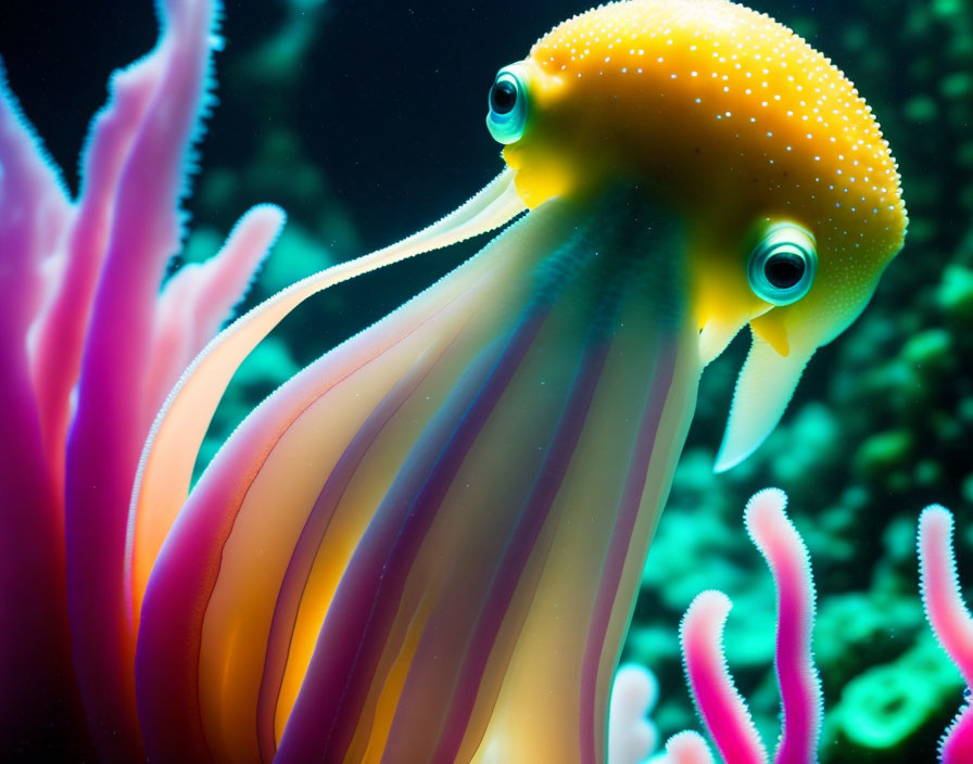 Colorful Cuttlefish Among Pink Coral in Underwater Scene