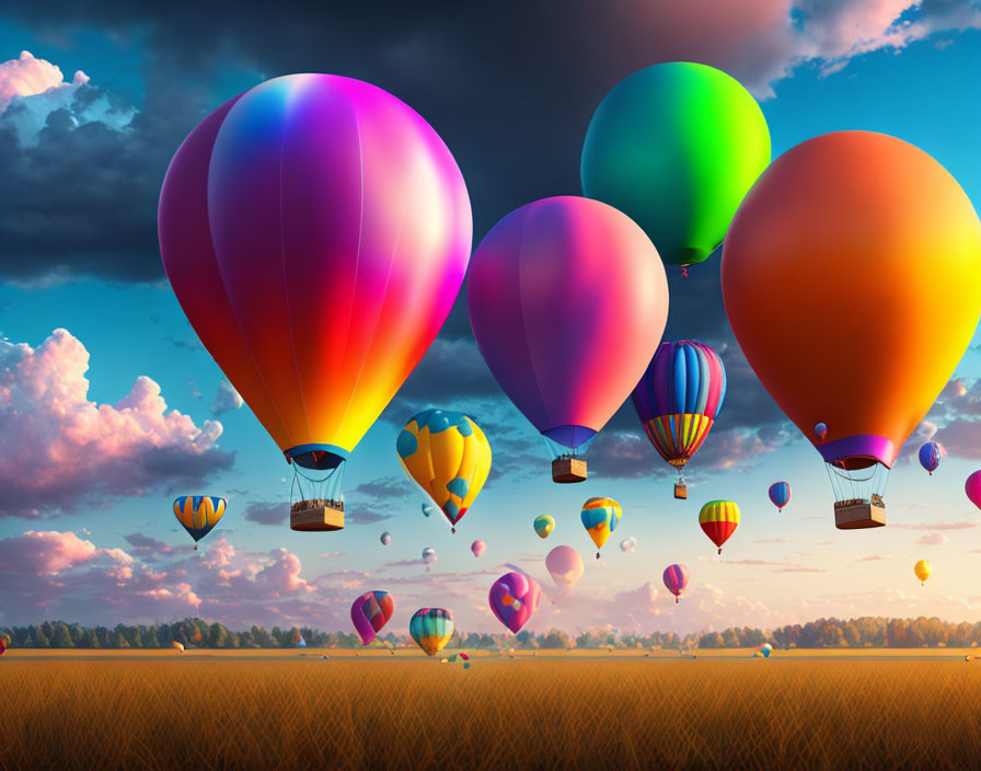 Vibrant hot air balloons over golden field at sunset