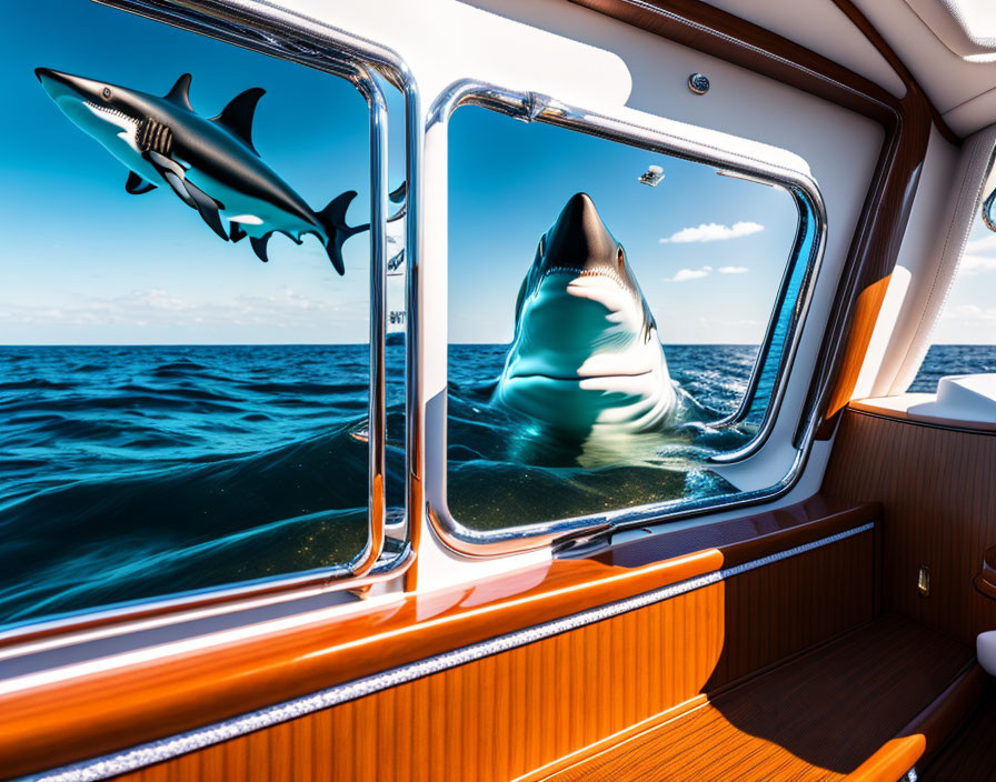 Shark seen from boat cabin with ocean waves and clear skies