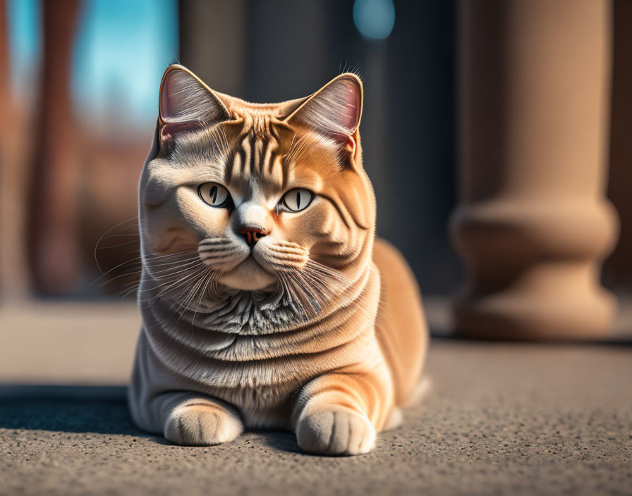 Ginger Tabby Cat with Amber Eyes and Stripes Sunbathing on Pavement