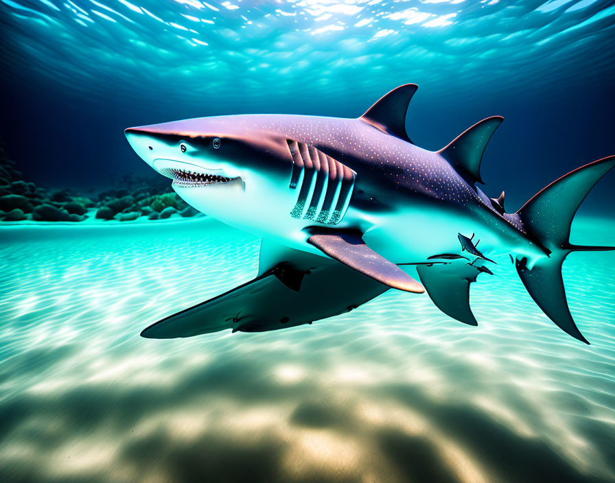 Large shark swimming gracefully in vivid underwater scene