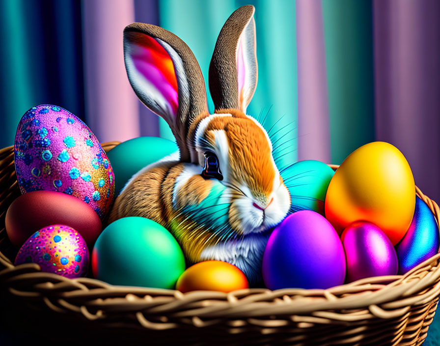 Colorful Easter Bunny with Eggs in Wicker Basket & Curtain Backdrop