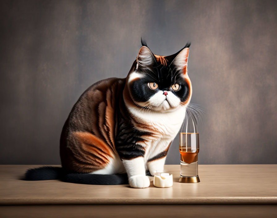 Tricolor cat with whiskey glass and ice cubes on table