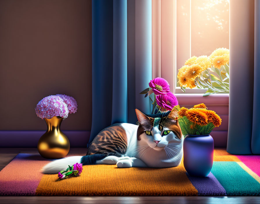 Tabby cat relaxing on colorful rug by window with vibrant flowers and vases