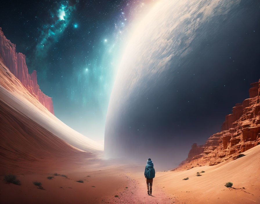 Explorer in jacket walks to massive planetary horizon under star-filled sky and red cliffs on desert surface.