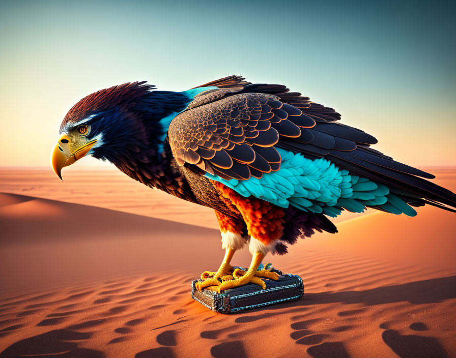 Colorful Eagle Perched on Briefcase in Desert Sunset