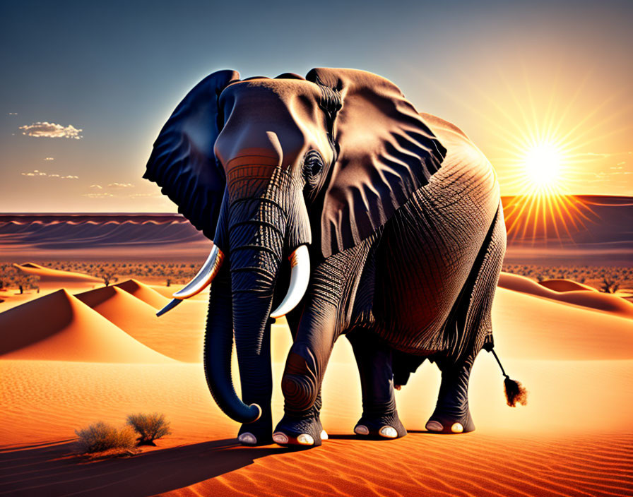 Elephant in desert sunset with rolling sand dunes