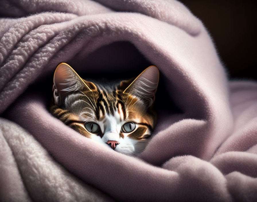 Cat with Striking Markings Snuggled in Pink Blanket