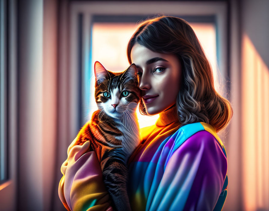 Woman holding tabby cat near window with warm light - Colorful top.