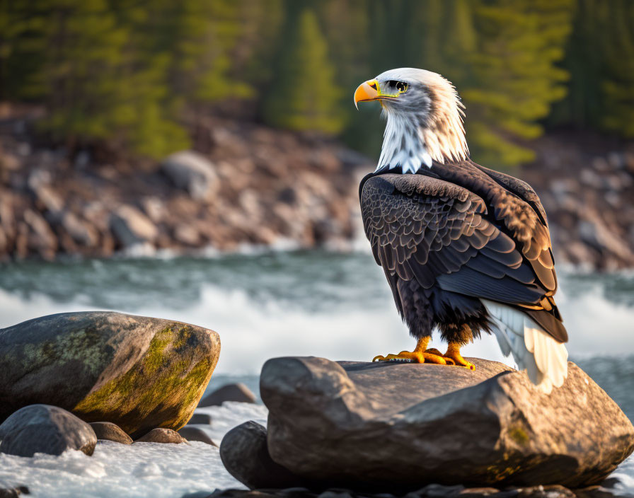 Bald Eagle Perched on Rock by River at Golden Hour