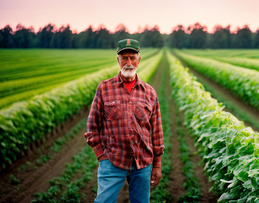 Elderly man in plaid shirt and cap in lush green field