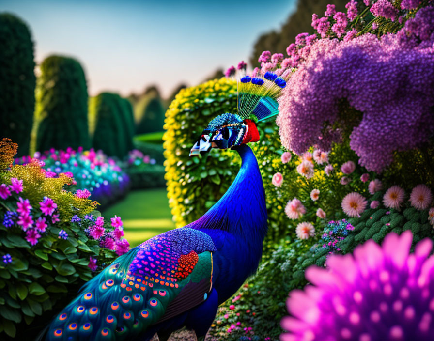 Colorful peacock in lush garden with pink and purple flowers