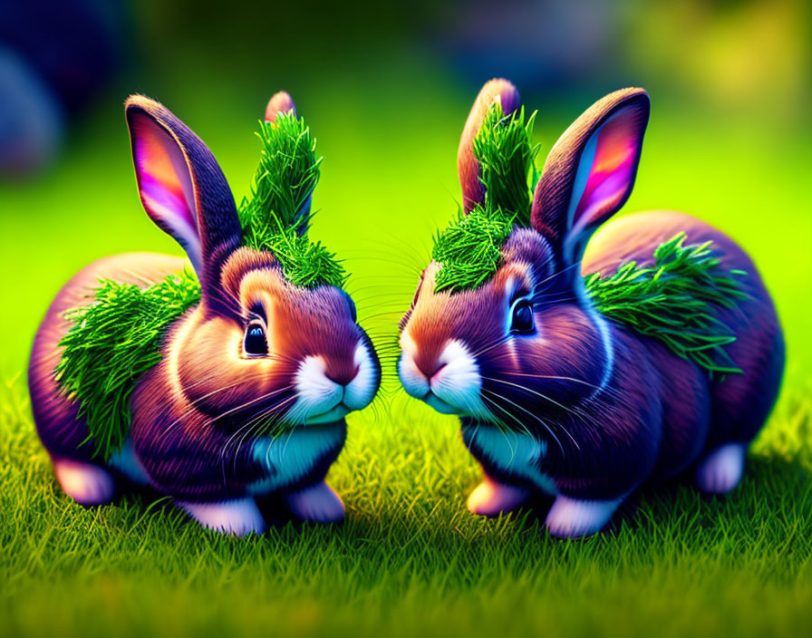 Colorful Stylized Rabbits with Plants on Heads on Grass Background