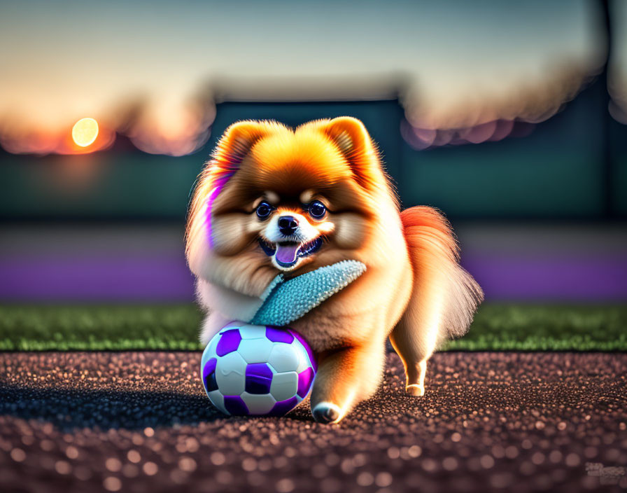 Fluffy Pomeranian Dog Playing with Soccer Ball at Sunset