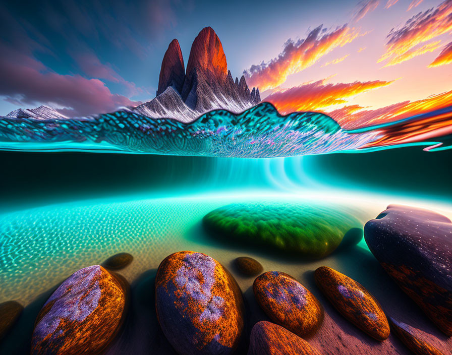 Scenic mountain sunset and underwater rocks with glowing turquoise ocean