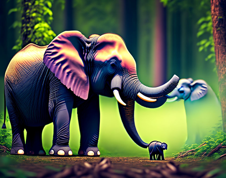 Whimsical forest scene with large and tiny elephants