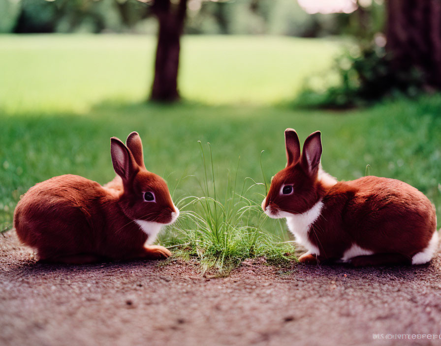 Two brown rabbits with white markings on a path, surrounded by green grass and trees