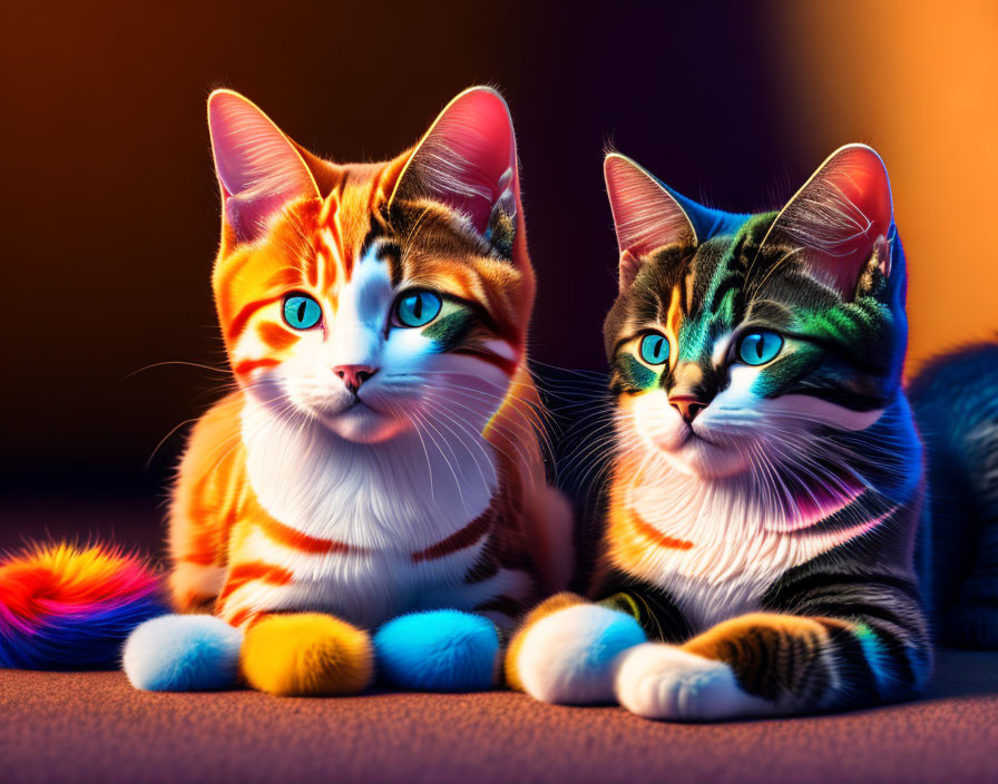 Colorful Cats with Striking Patterns in Dramatic Lighting