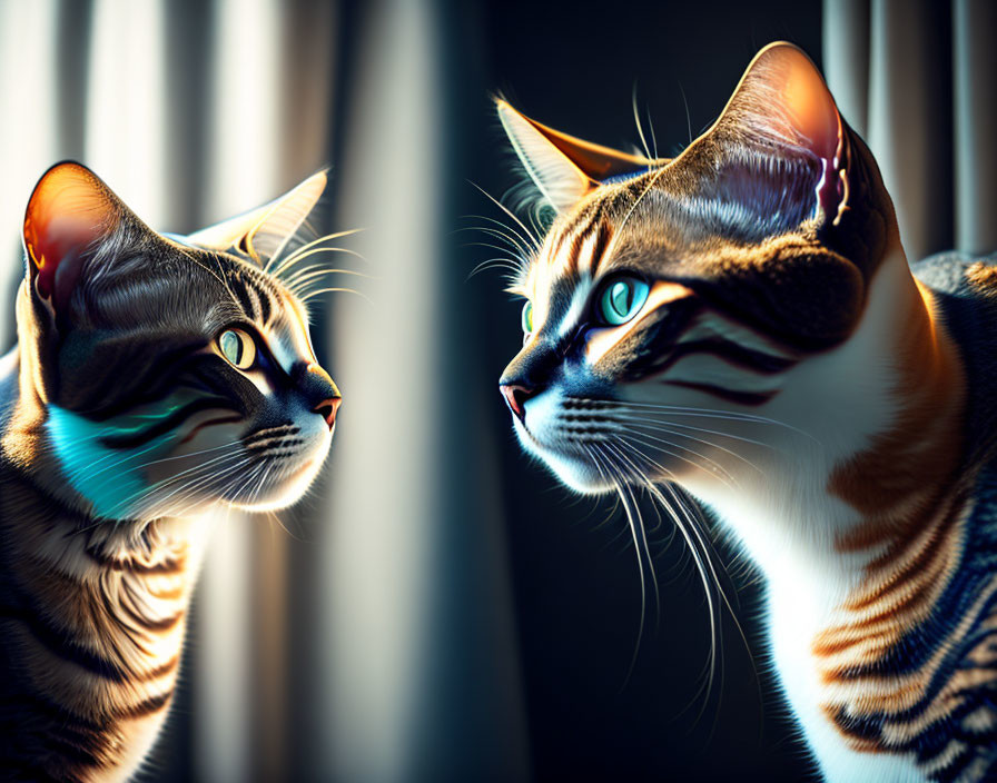 Two domestic cats with striking patterns and erect ears in contrasting light by a window.