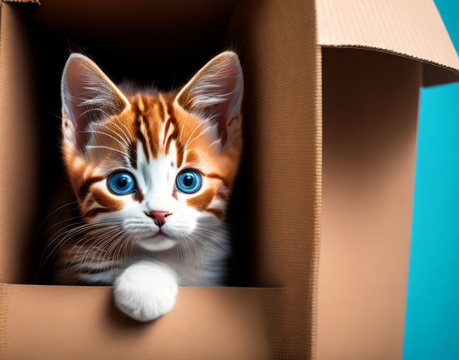 Orange and White Kitten with Blue Eyes in Cardboard Box