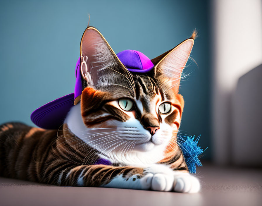 Tabby Cat with Green Eyes in Purple Hat with Blue Feather Indoors