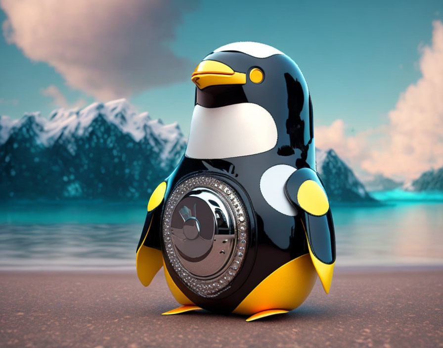 Stylized penguin figurine with camera lens belly on sandy shore against mountain backdrop