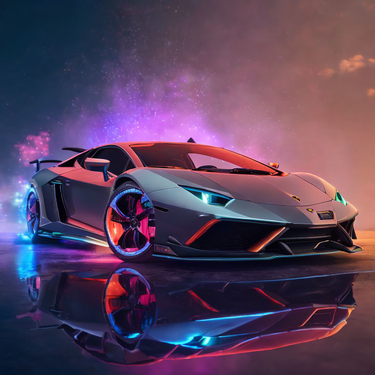 Luxury Lamborghini sports car with illuminated wheels under purple starry sky.