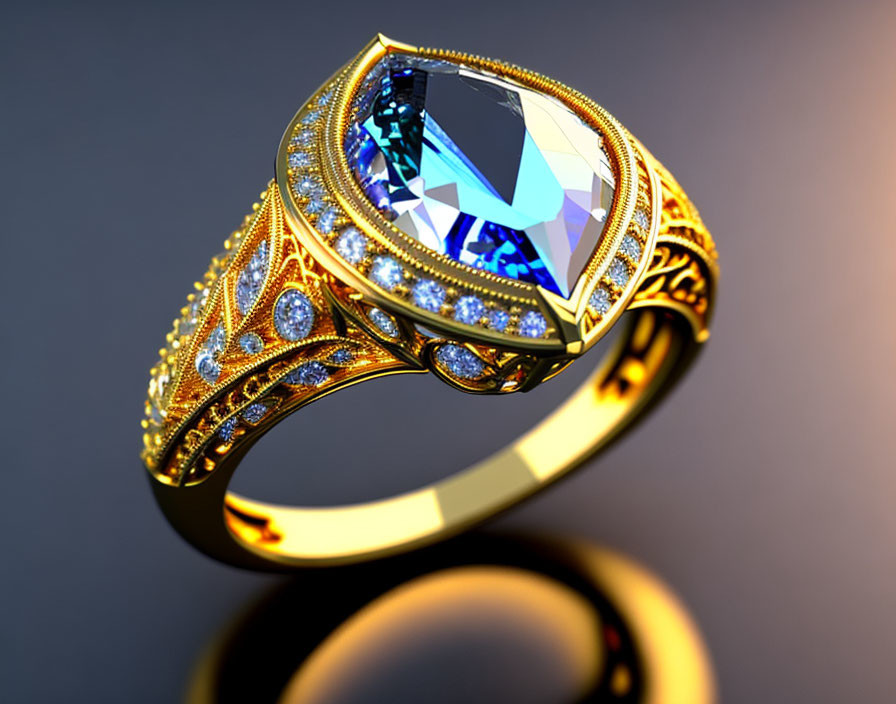 Gold Ring with Large Blue Gemstone and Diamonds Surrounding