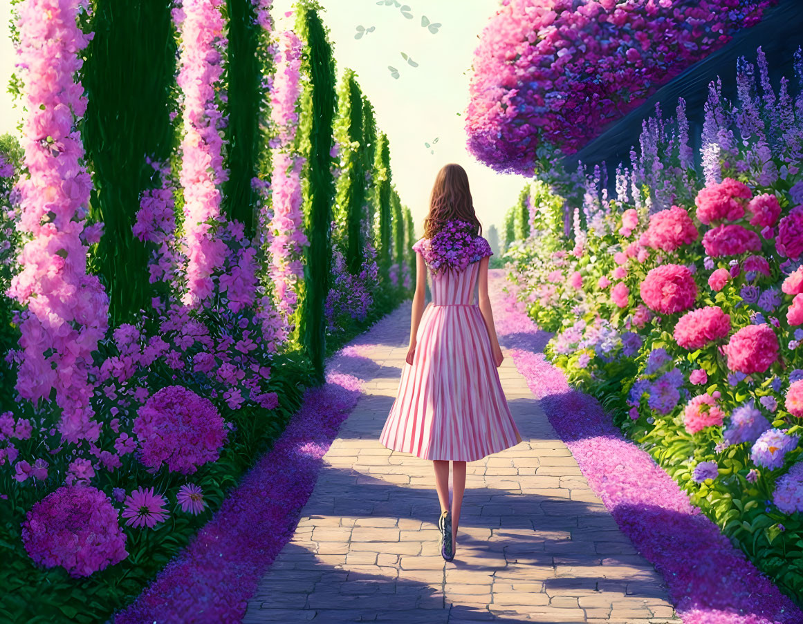 Woman in Striped Dress Walking in Vibrant Garden with Flowers and Butterflies