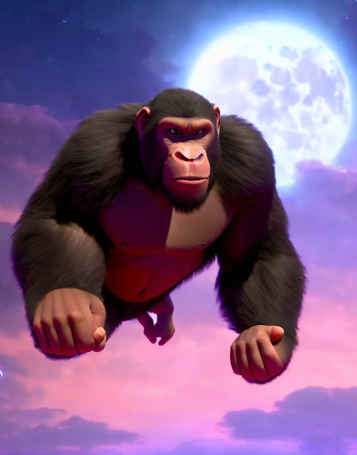 Animated gorilla in red vest under full moon